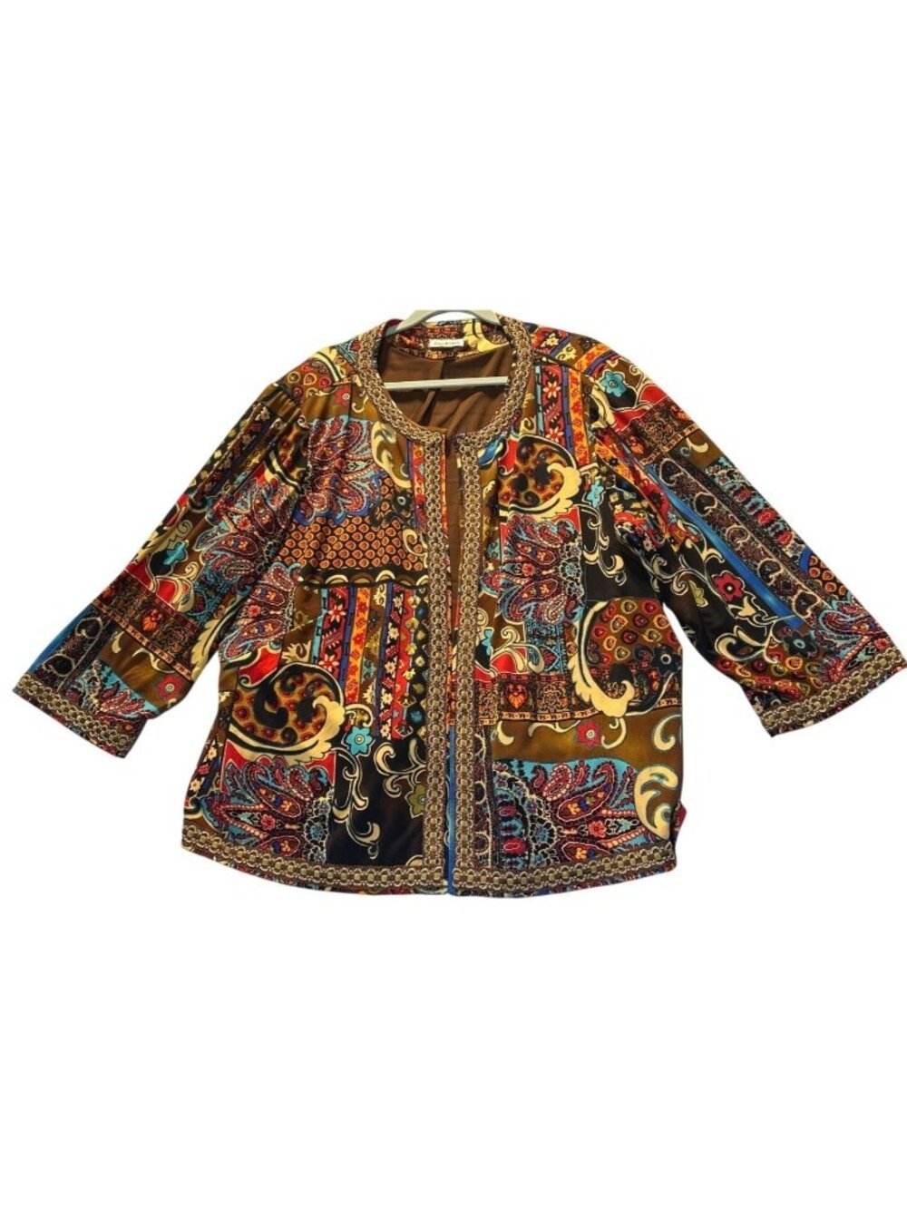 Joan Rivers Womens 3X Open Front Jacket With Multicolor Paisley Print & Embellis